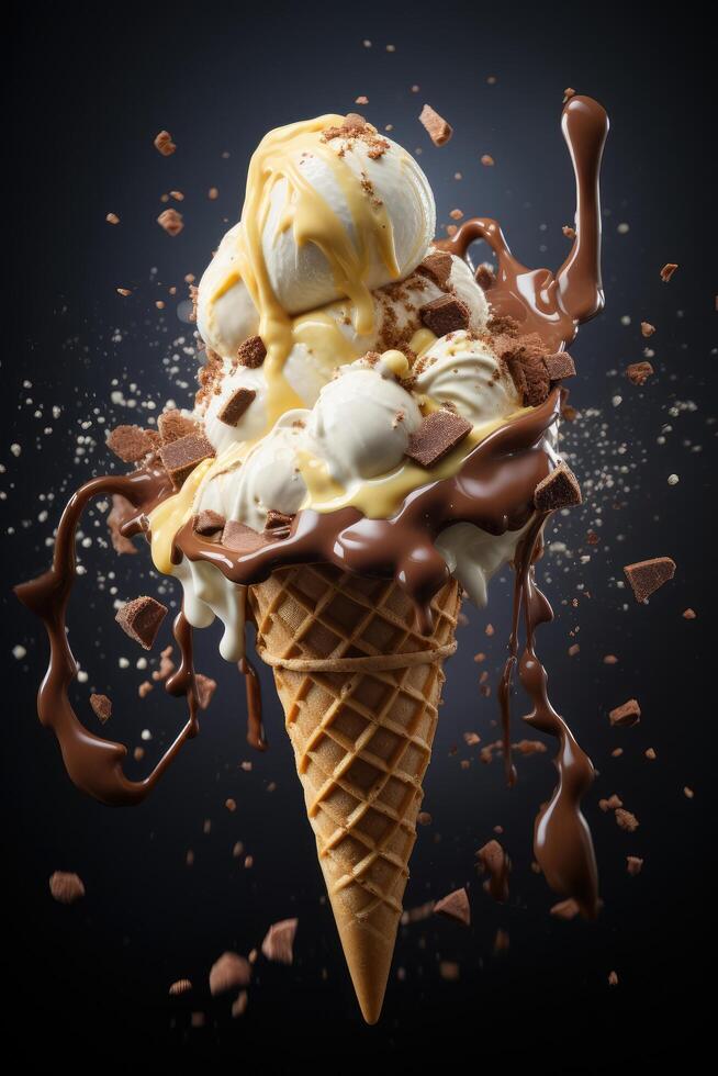 AI generated Flying ice cream with chocolate spray on dark background photo