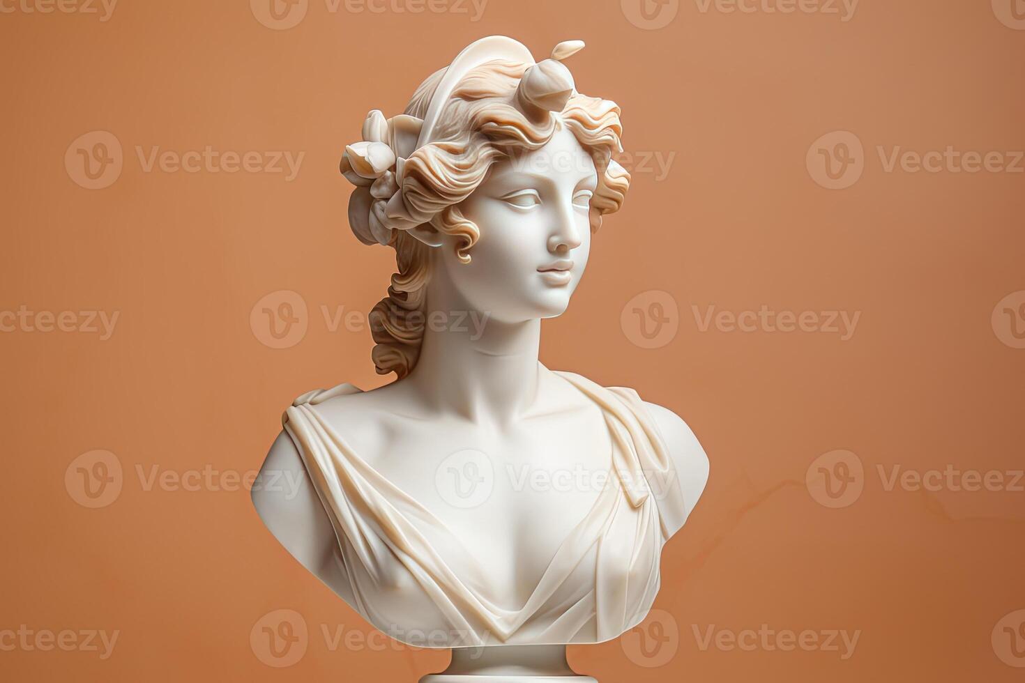 AI generated Antique Marble sculpture statue bust of an ancient Greek goddess on pastel background, copy space photo