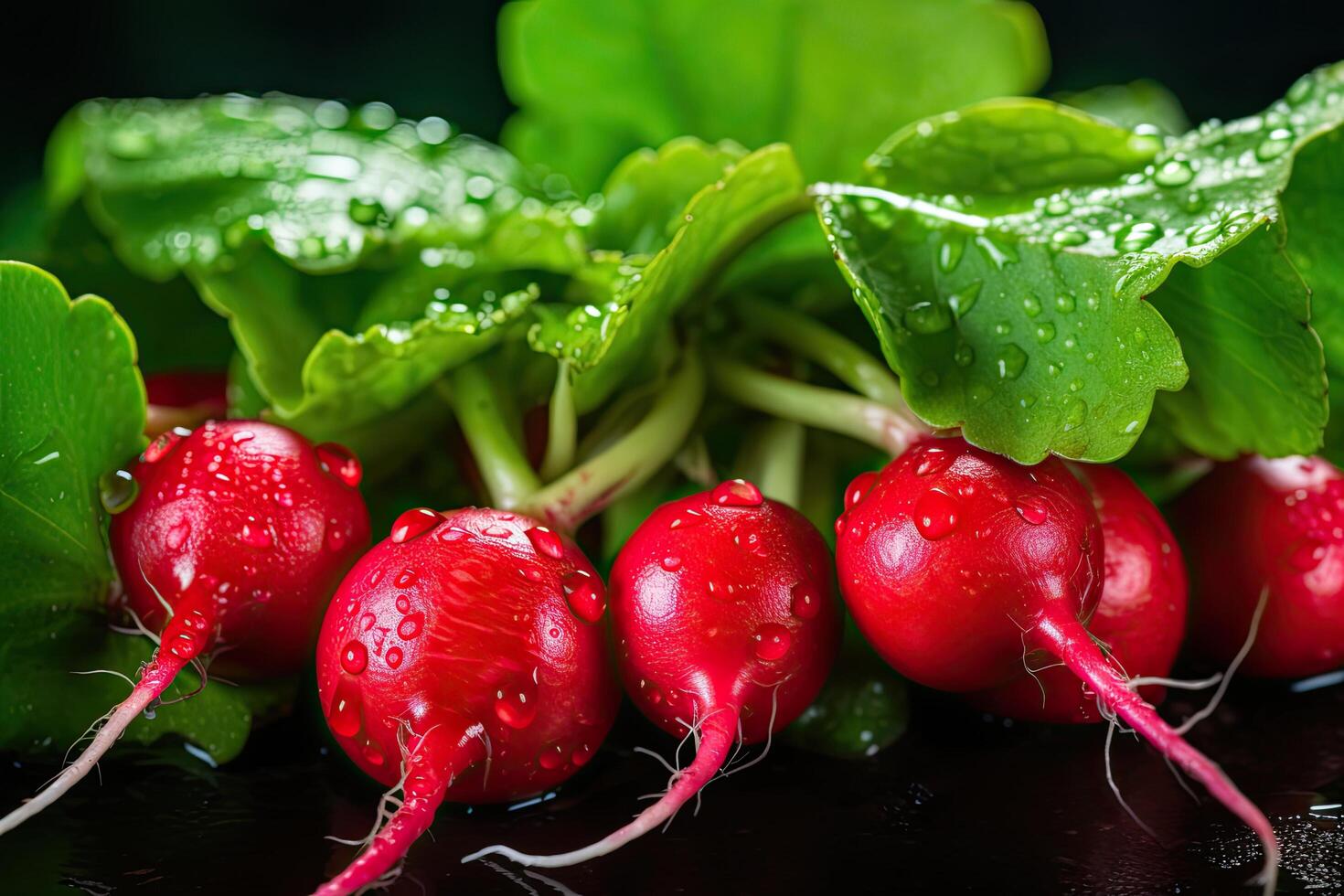 AI generated freshly harvested red radishes with water drops background photo