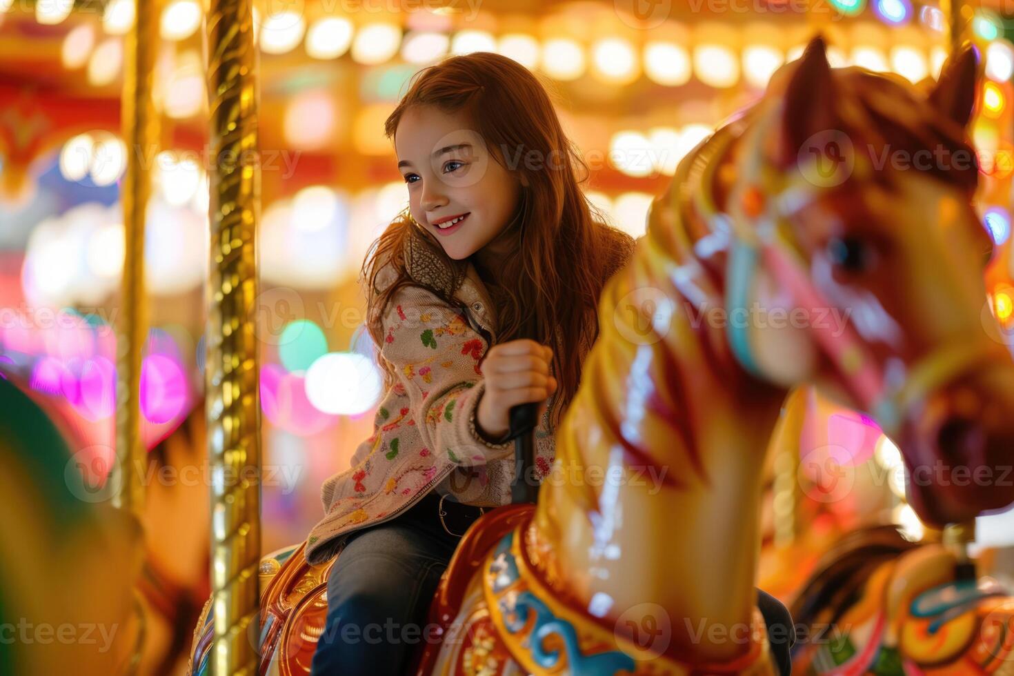 AI generated little girl expressing excitement on colorful carousel, merry go round, having fun at amusement park photo