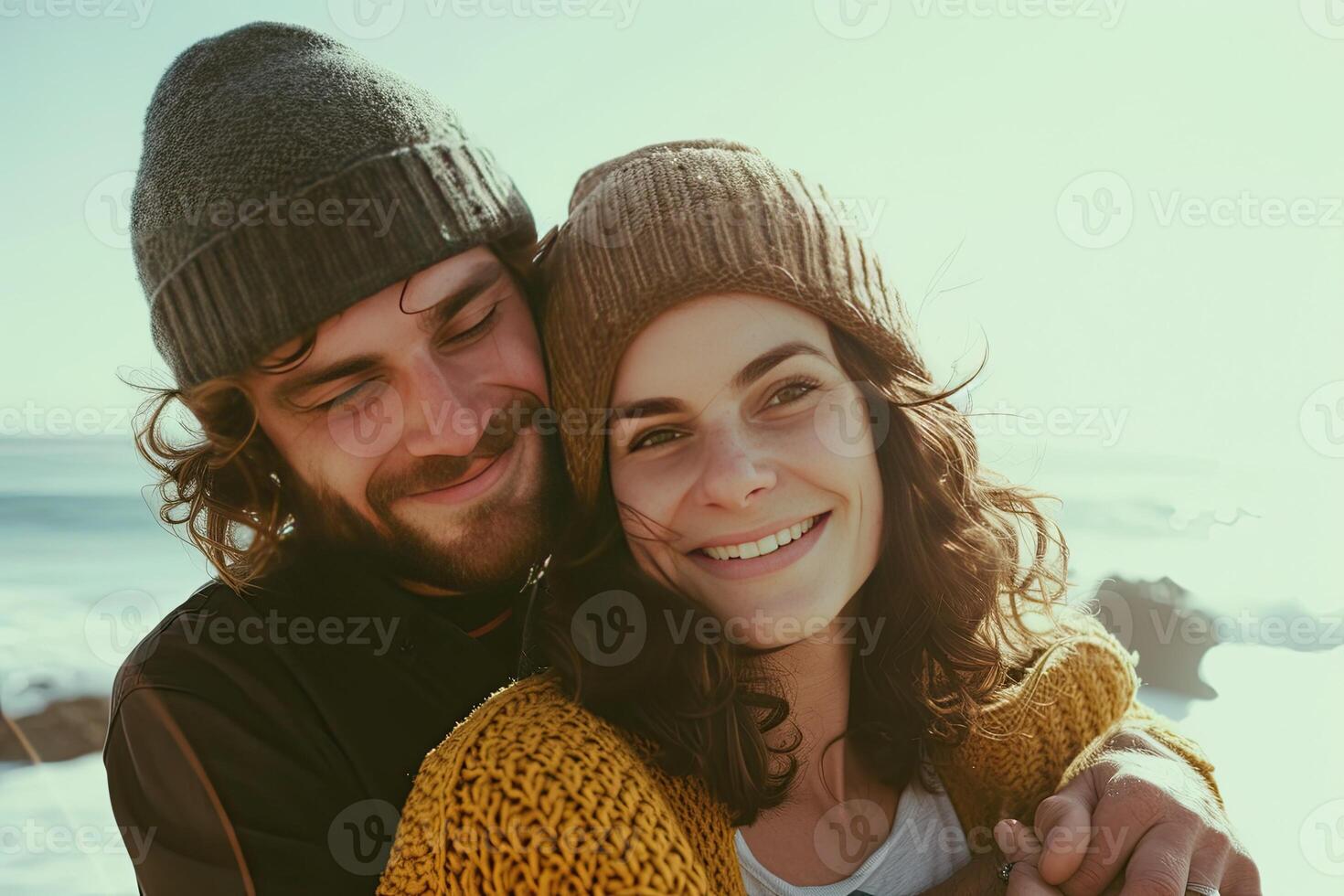 AI generated couple hugging on a beach, space for text photo
