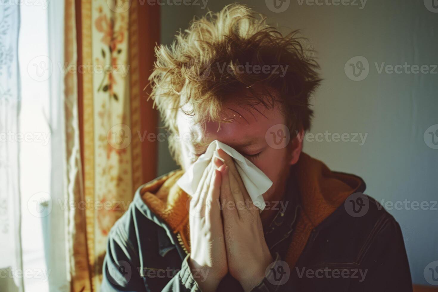 AI generated sick man who has the flu blows her nose into a tissue, sneezes into a napkin photo