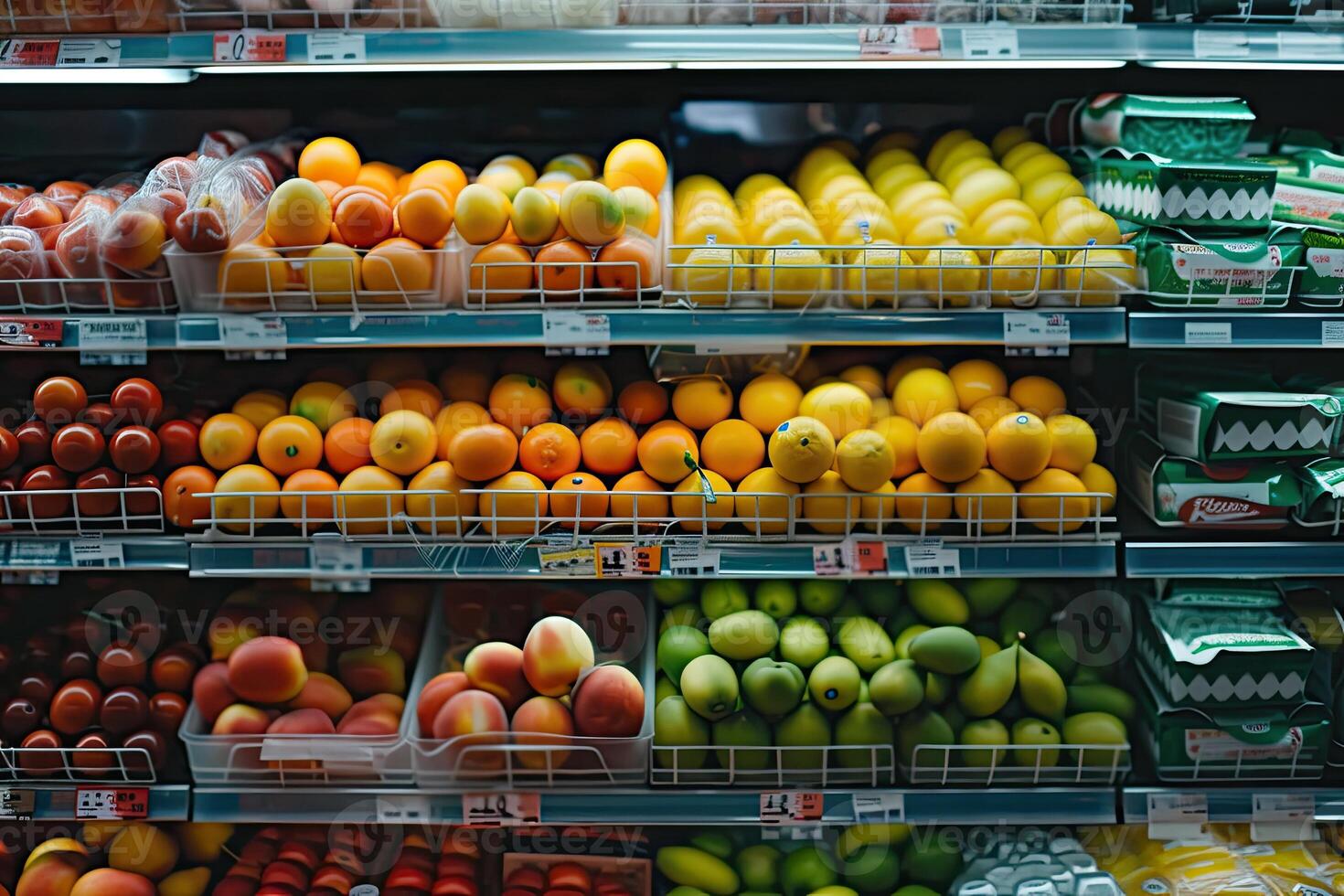 AI generated refrigerated shelf in supermarket with Fruits and vegetables photo