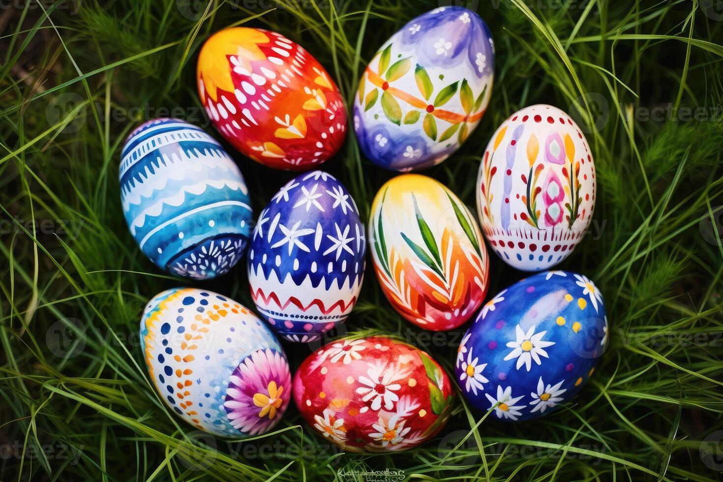 AI generated Easter eggs lying in the grass. Each egg is decorated with different patterns and colors photo