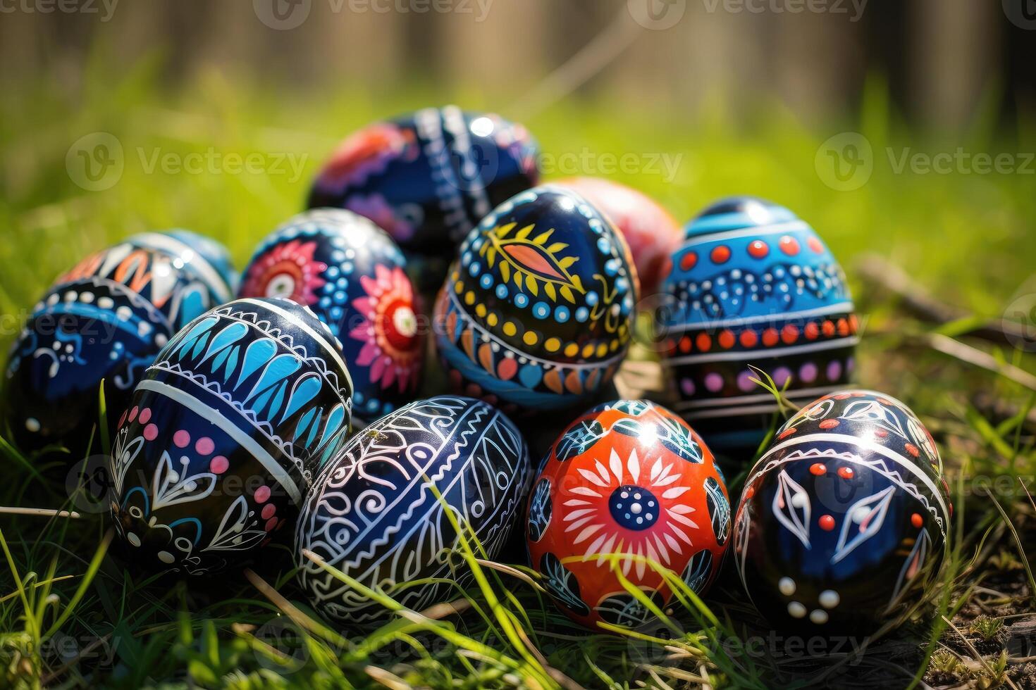 AI generated Easter eggs lying in the grass. Each egg is decorated with different patterns and colors photo