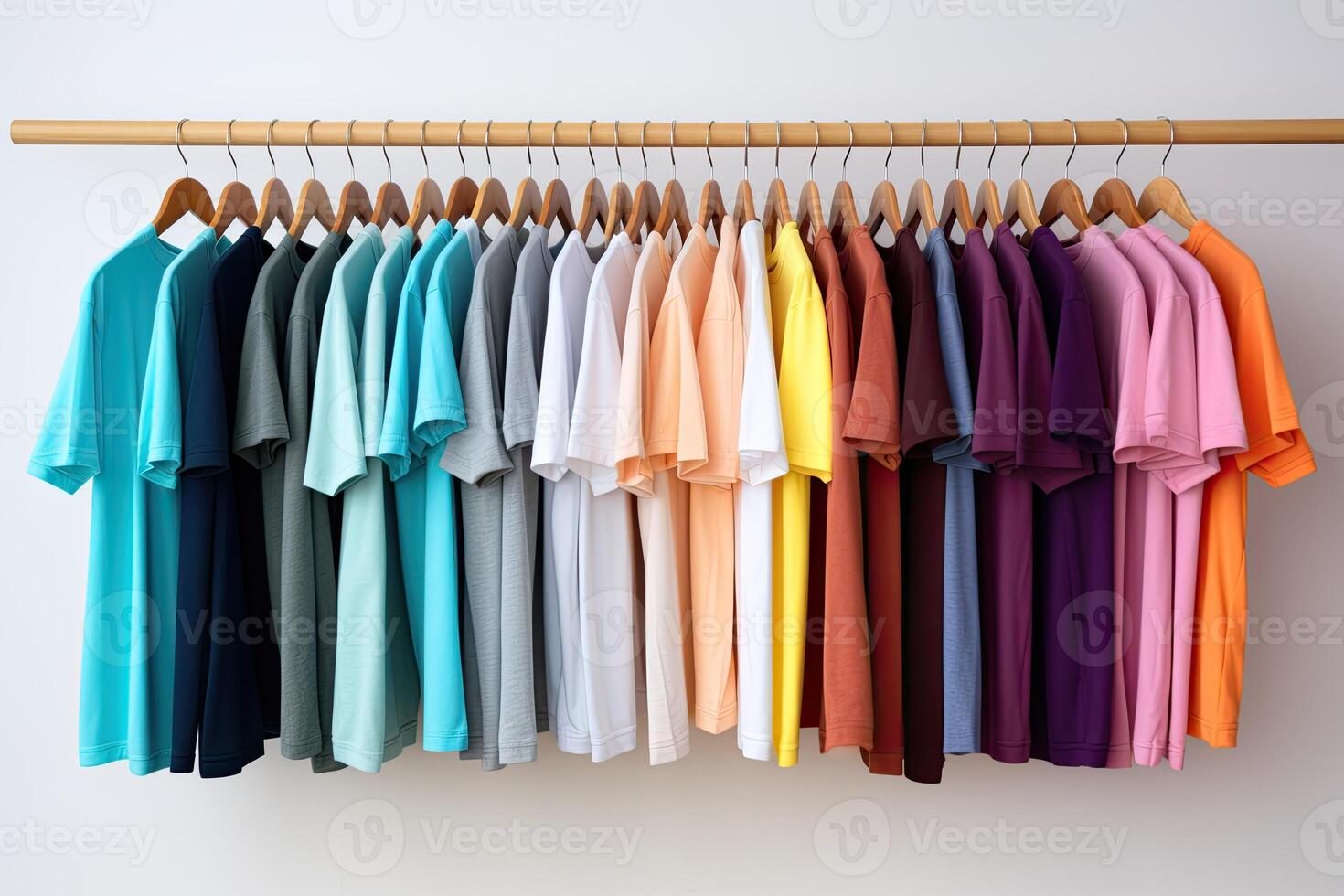 AI generated Rack with Colorful plain tshirts hang on clothes hanger in closet photo