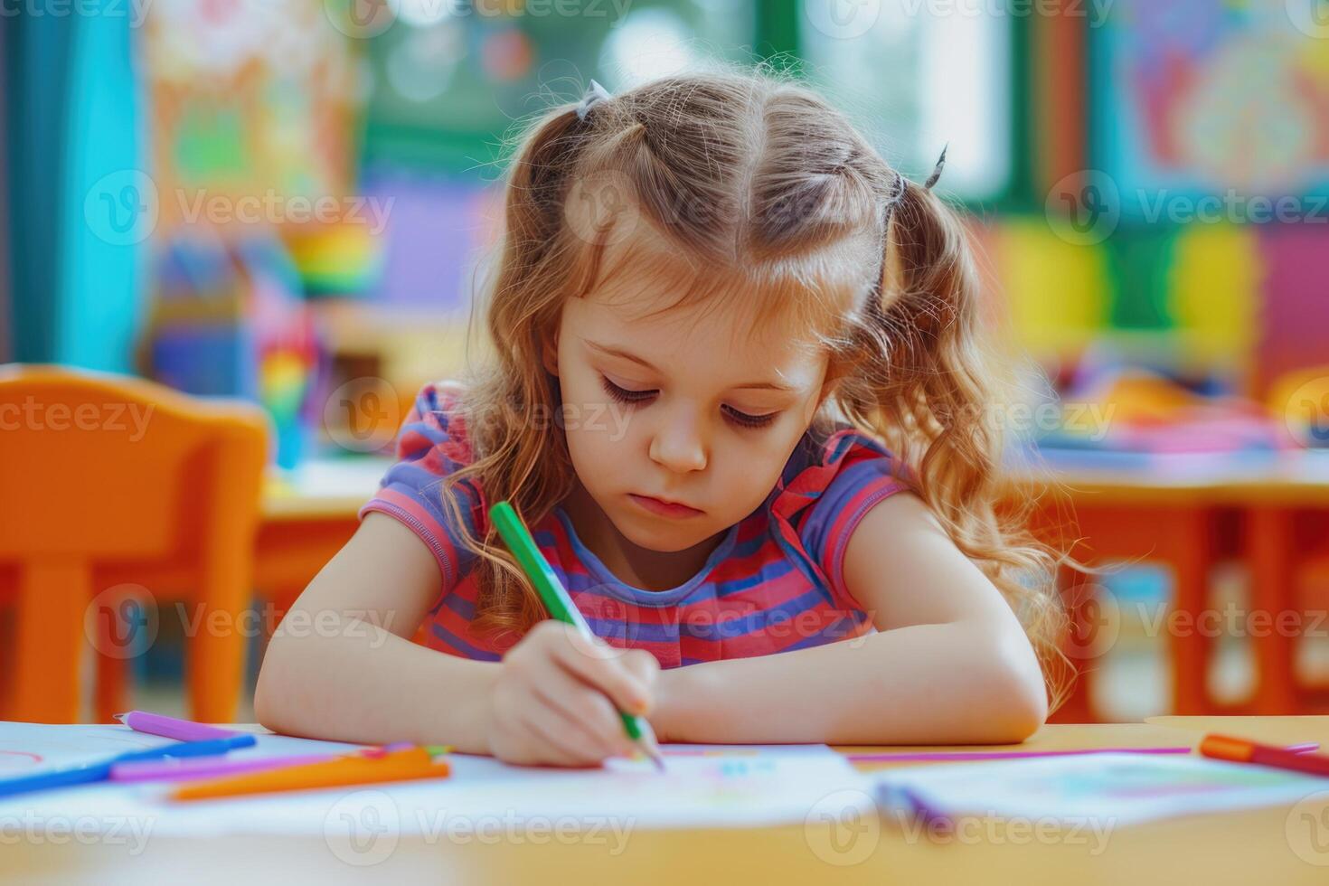 AI generated little girl draws with colored pencils expressing creativity through art photo