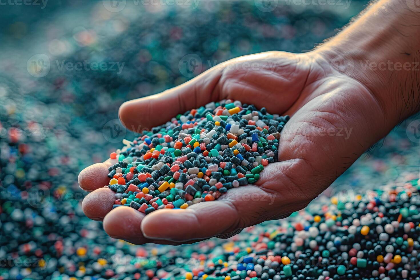 AI generated hand holding Dyed synthetic polymer resins granulates. Recycled plastic granules photo