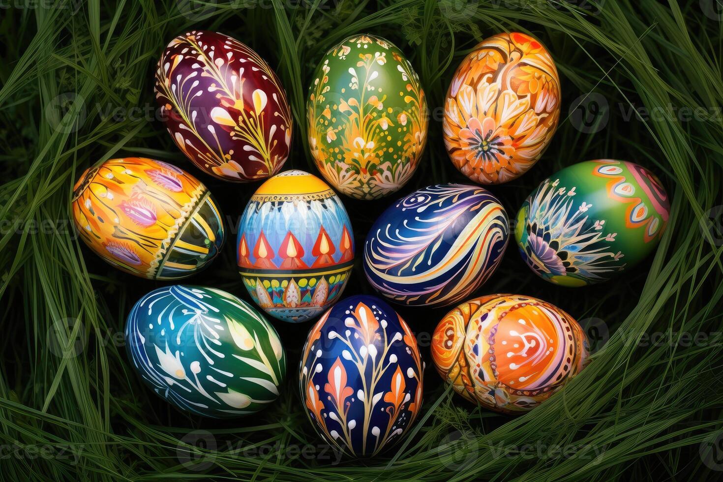 AI generated Easter eggs lying in the grass. Each egg is decorated with different patterns and colors photo