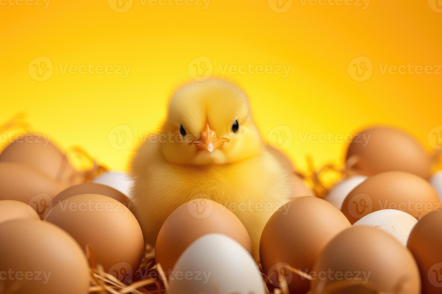 AI generated eggs and chick background. Spring, Easter, new life, birth card, banner photo