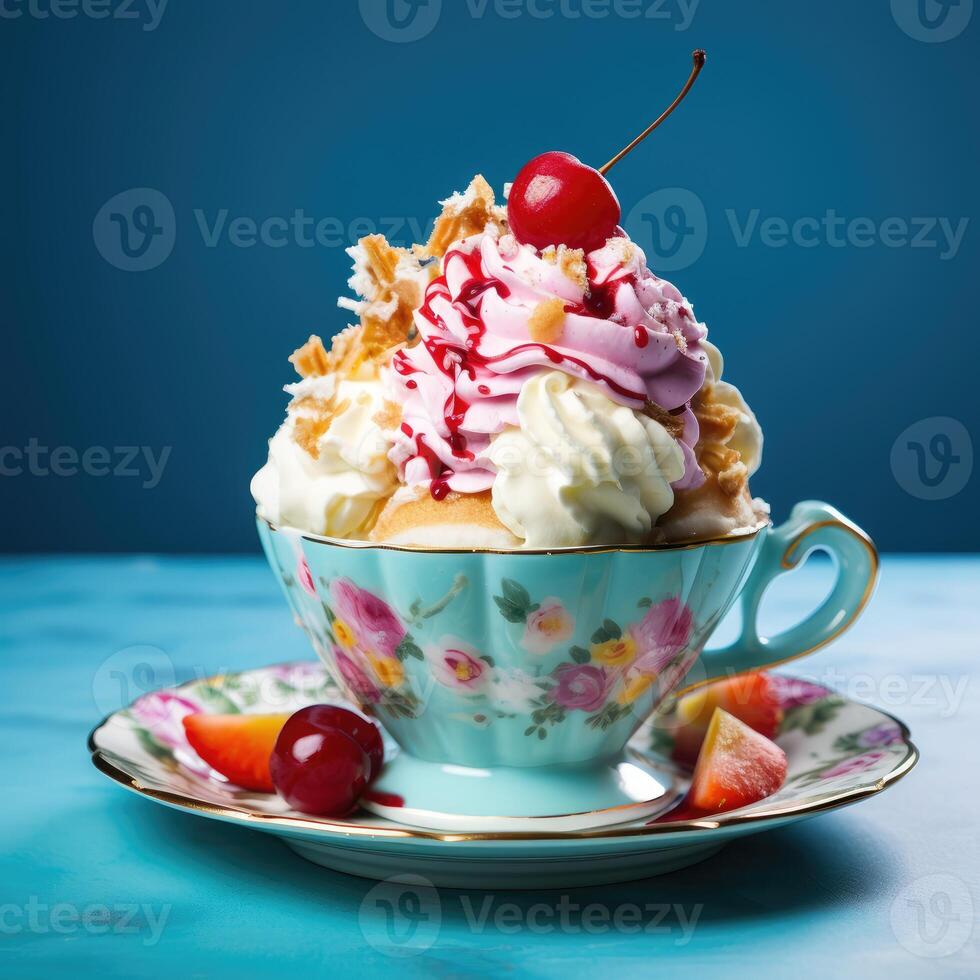 ai generado gastrónomo sabor de italiano hielo crema en vibrante colores servido en individual porcelana taza en un azul antecedentes foto