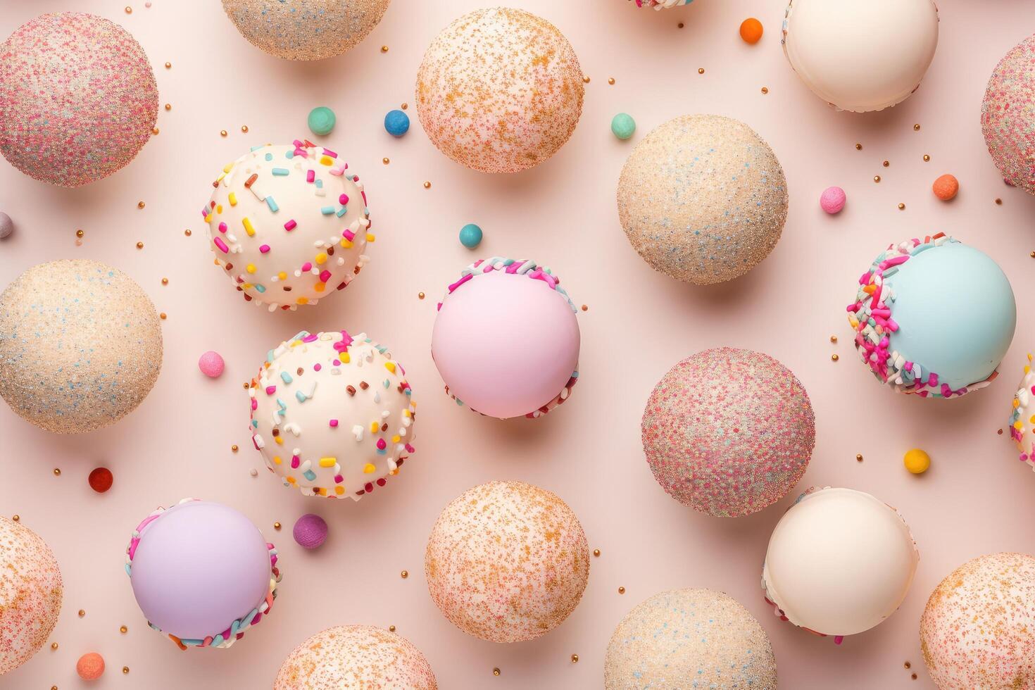 AI generated Colorful Ice creams balls on beige background, multi-colored round candies in sprinkles and jimmies, top view wallpaper photo