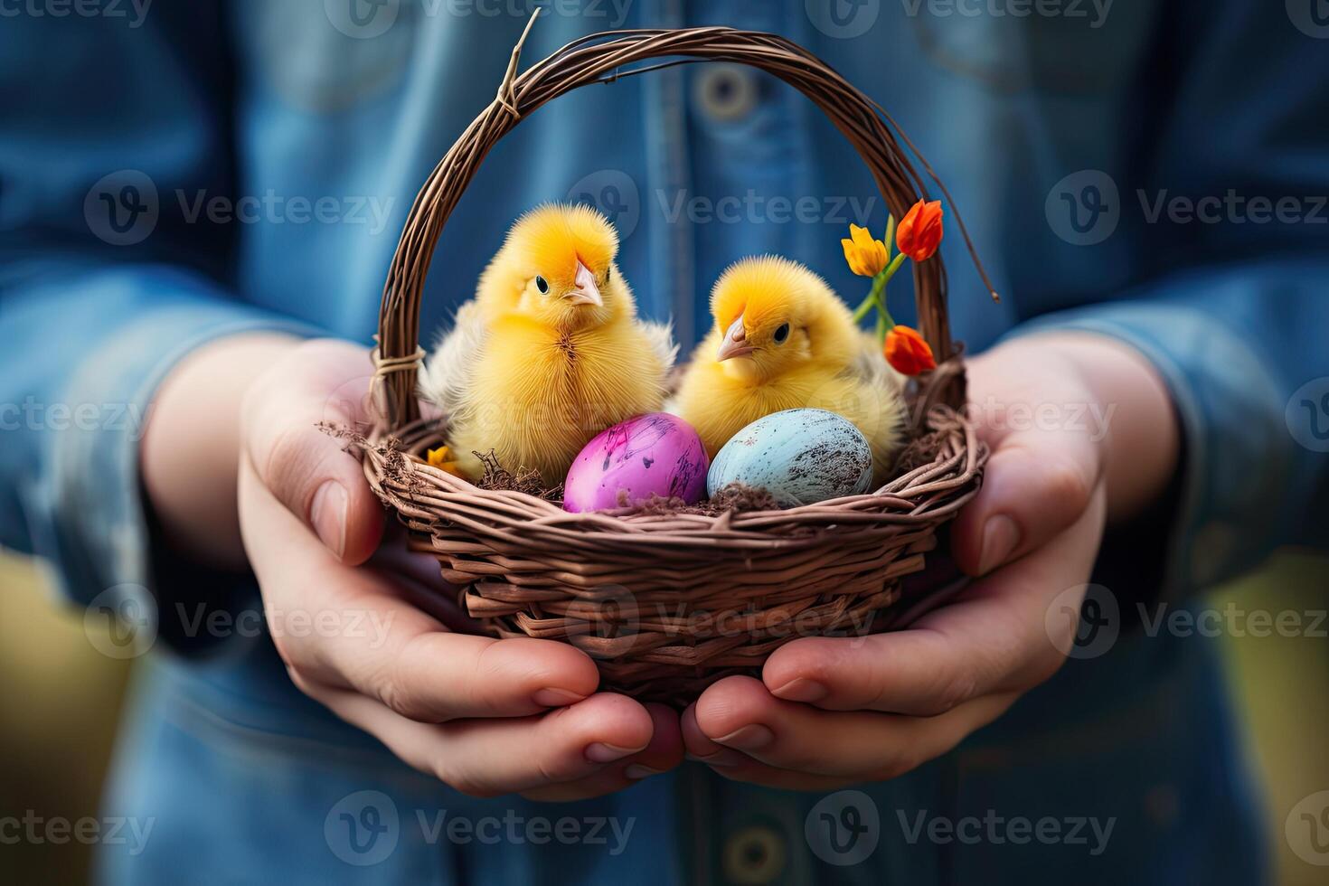 AI generated hands holding a basket with colorful Easter eggs and little chick photo