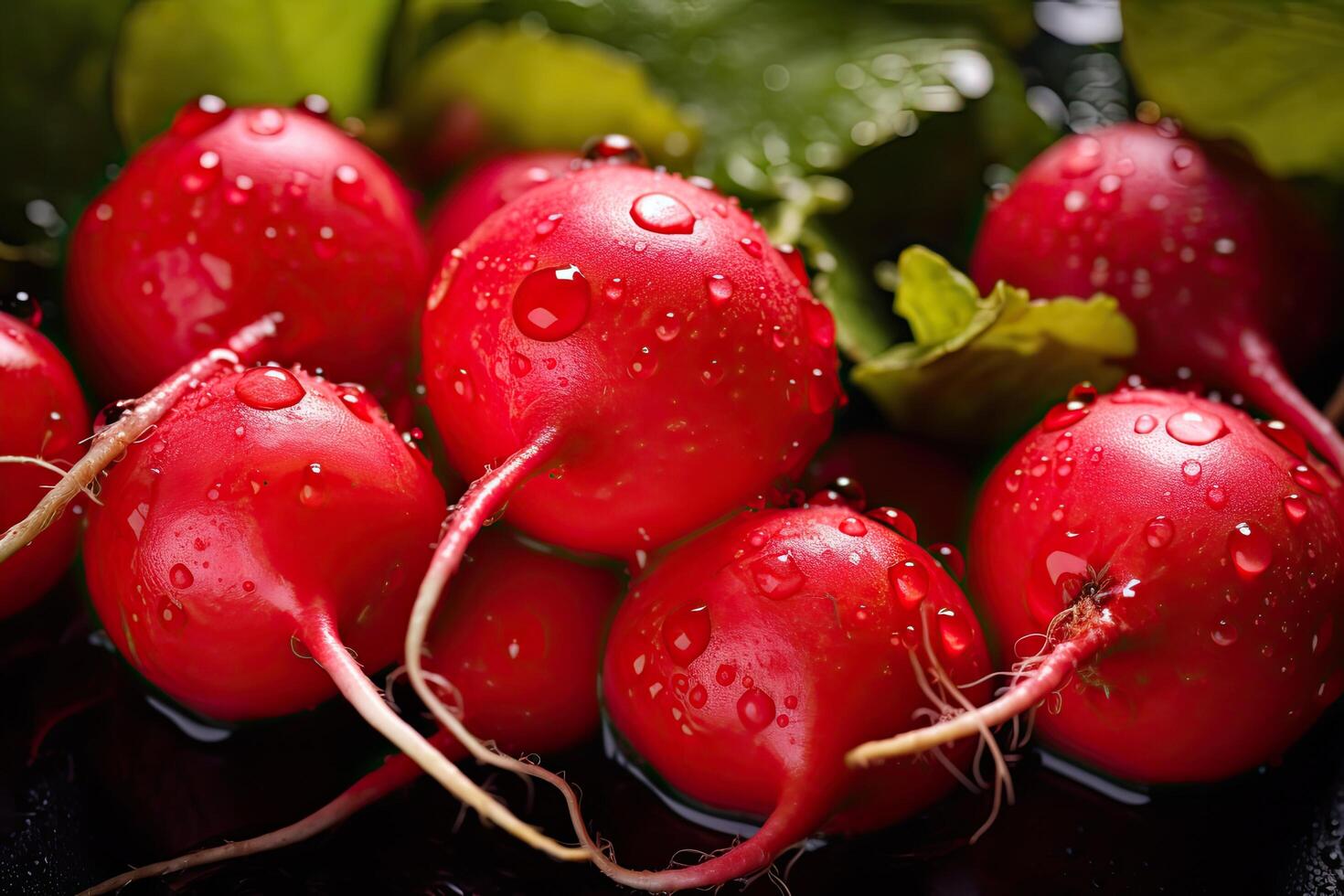 AI generated freshly harvested red radishes with water drops background photo