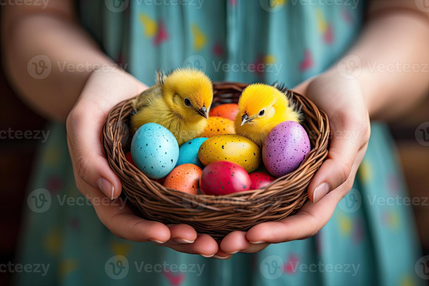 AI generated hands holding a basket with colorful Easter eggs and little chick photo