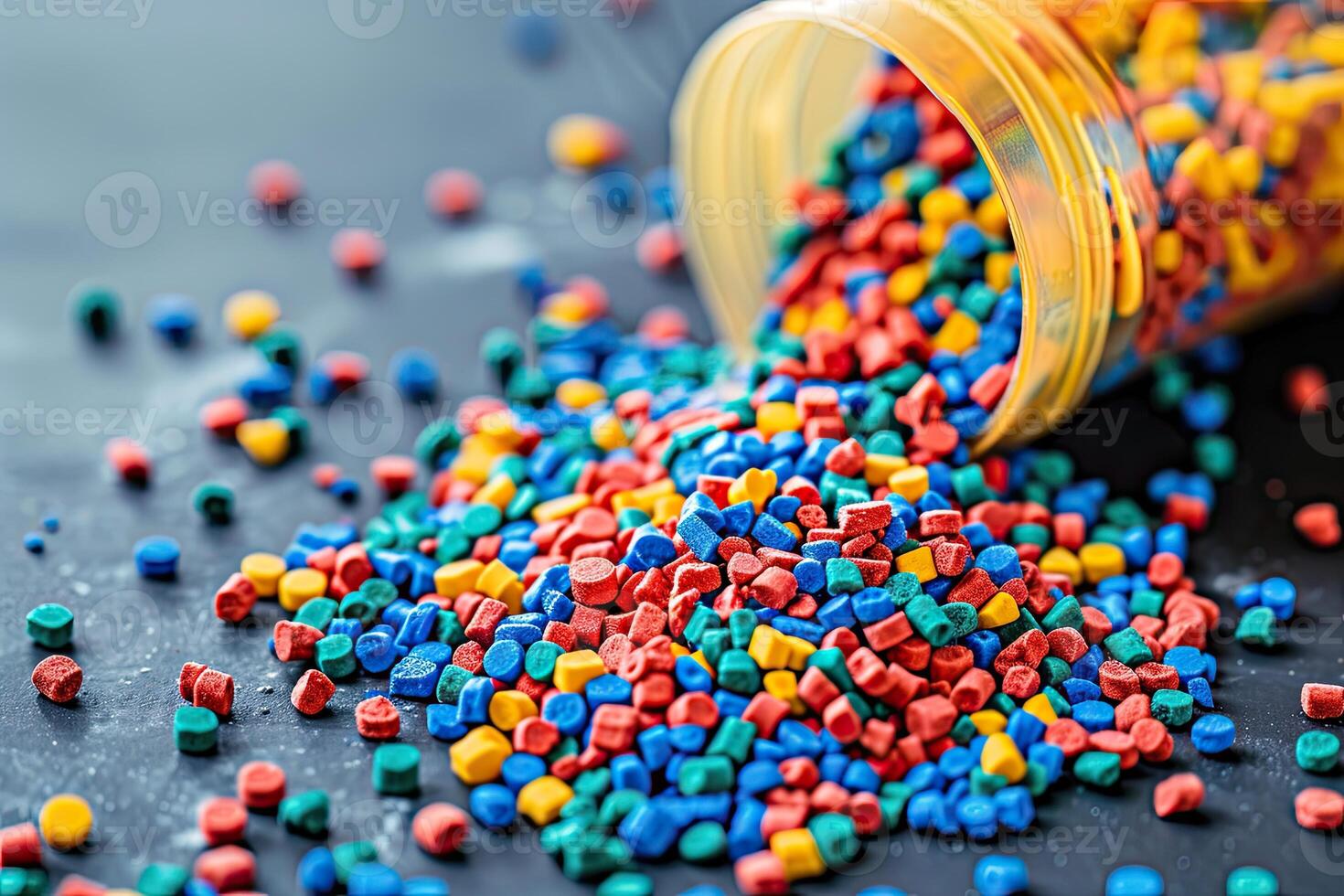 AI generated Dyed synthetic polymer resins granulates mixed colors falling from a sample test tube photo
