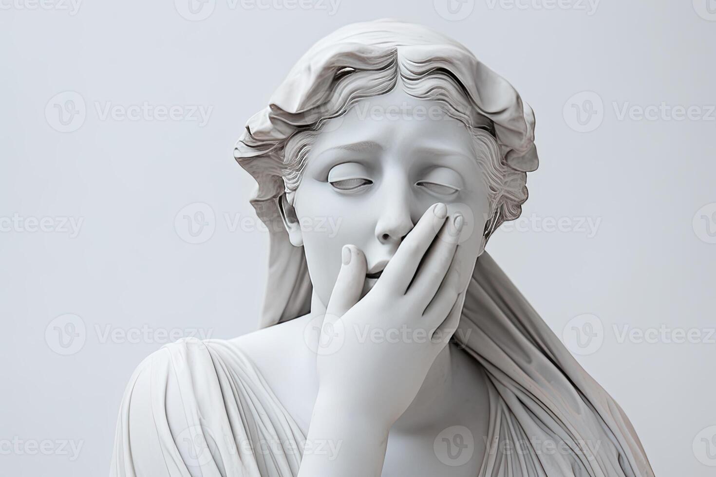 ai generado antiguo escultura antiguo griego diosa aburrido, triste, triste mirar boquiabierto cubierta su boca con su mano foto
