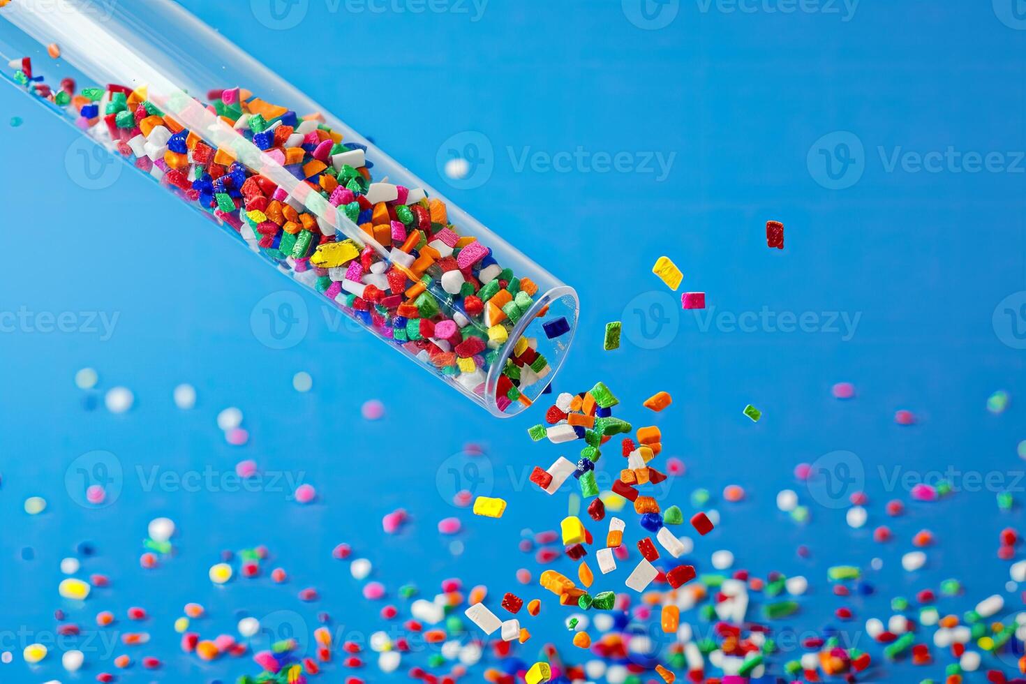 AI generated Dyed synthetic polymer resins granulates mixed colors falling from a sample test tube photo