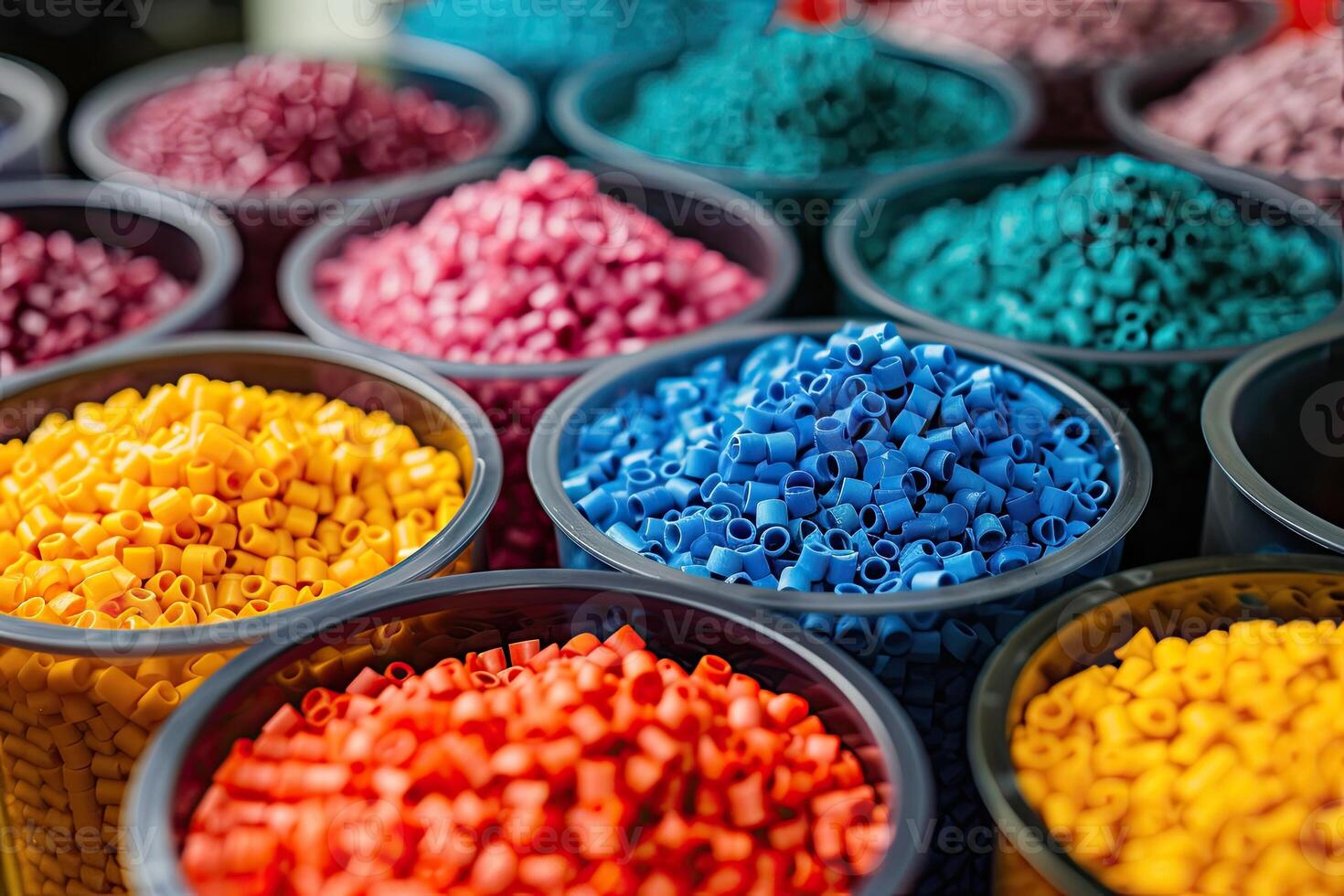 AI generated Dyed synthetic polymer resins granulates. Recycled plastic granules with mixed colors photo