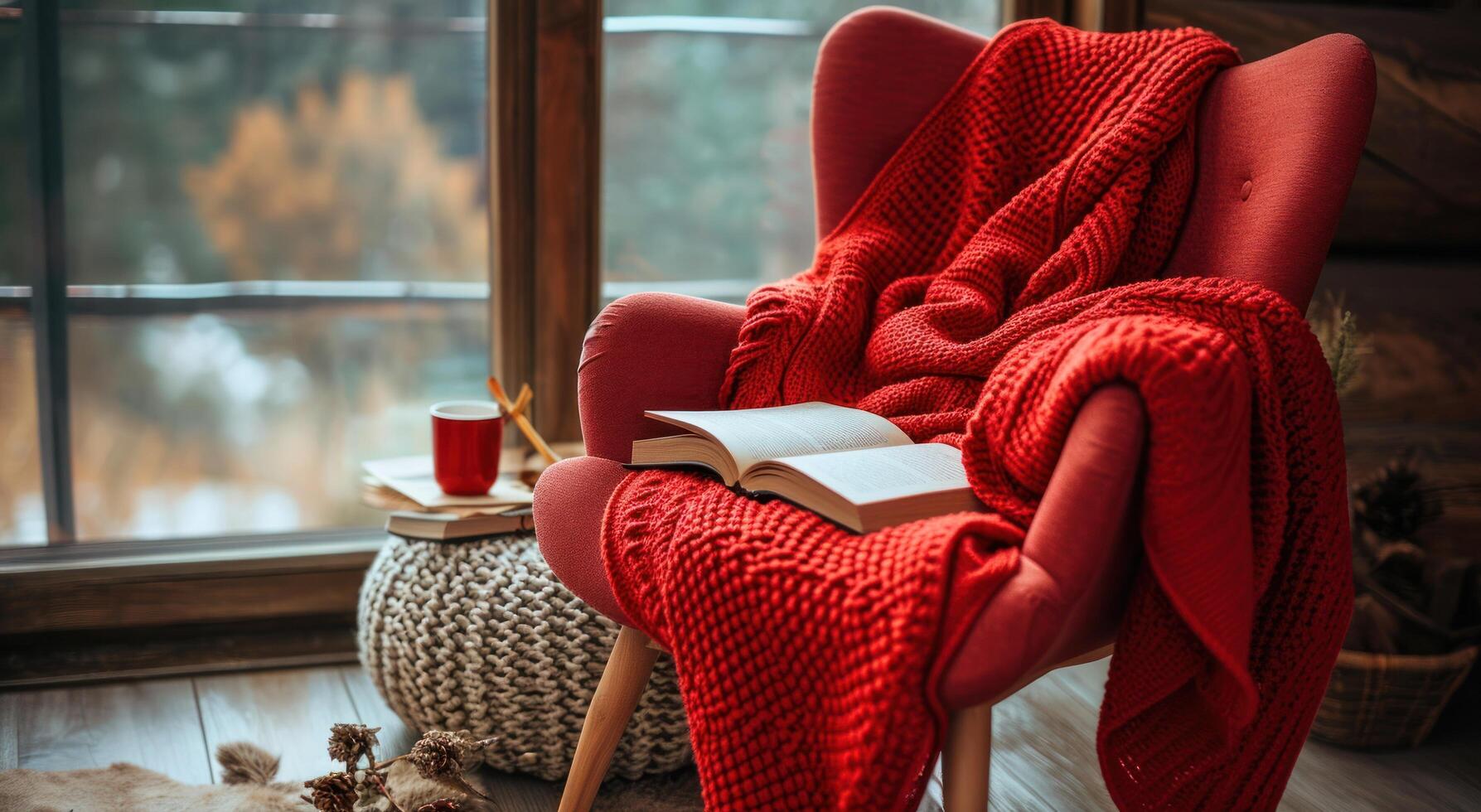 ai generado silla con rojo cobija y libro foto