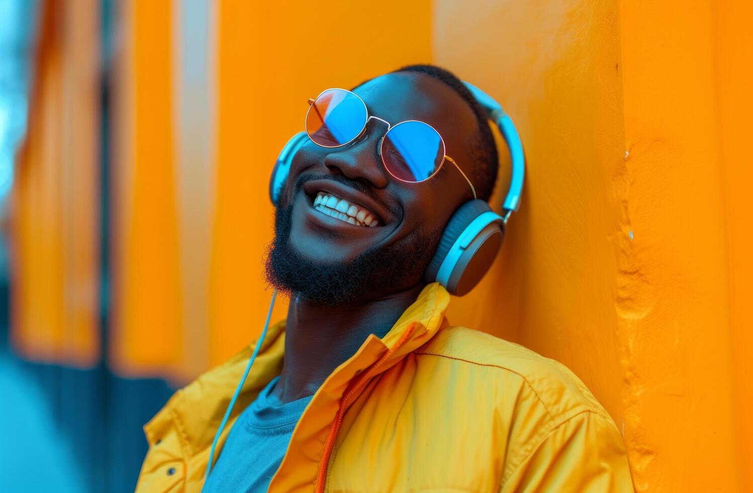 ai generado cantante africano americano masculino cantante danza con auriculares en el música escucha foto