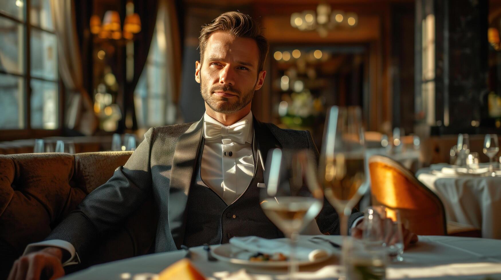 AI generated elegant business man sitting in luxury restaurant with glass of shampagne photo