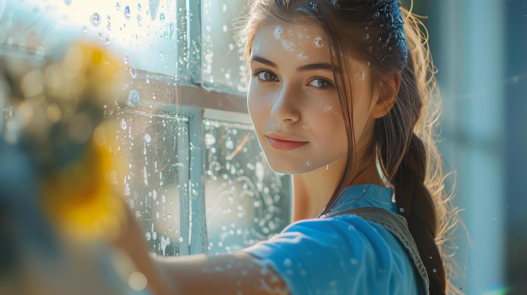 ai generado un joven hermosa niña en un azul mono lavados un ventana foto