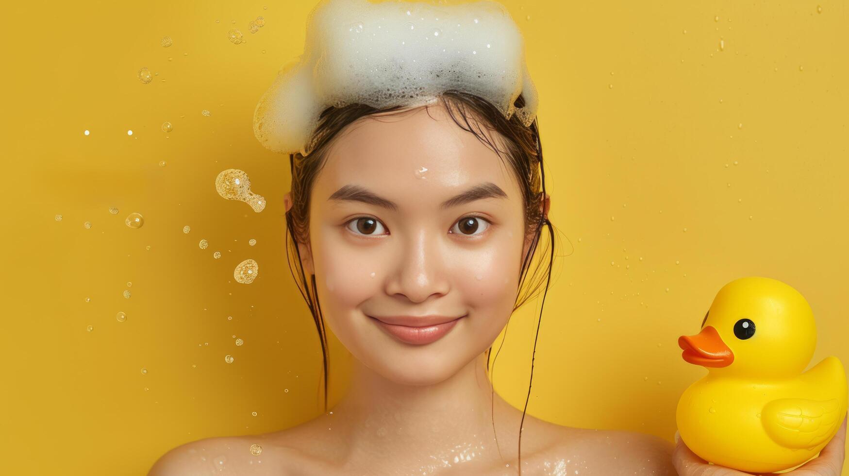 AI generated Young beautiful Asian woman washes her hair in the shower photo