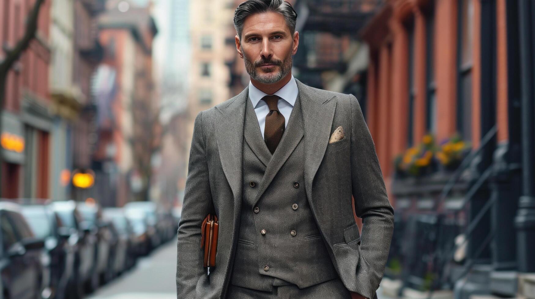 AI generated Suited executive gracefully multitasks, proving elegance thrives even in bustling urban environments photo