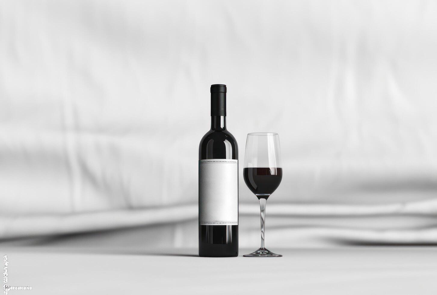 ai generado un botella de vino y vaso en pie en un blanco superficie foto