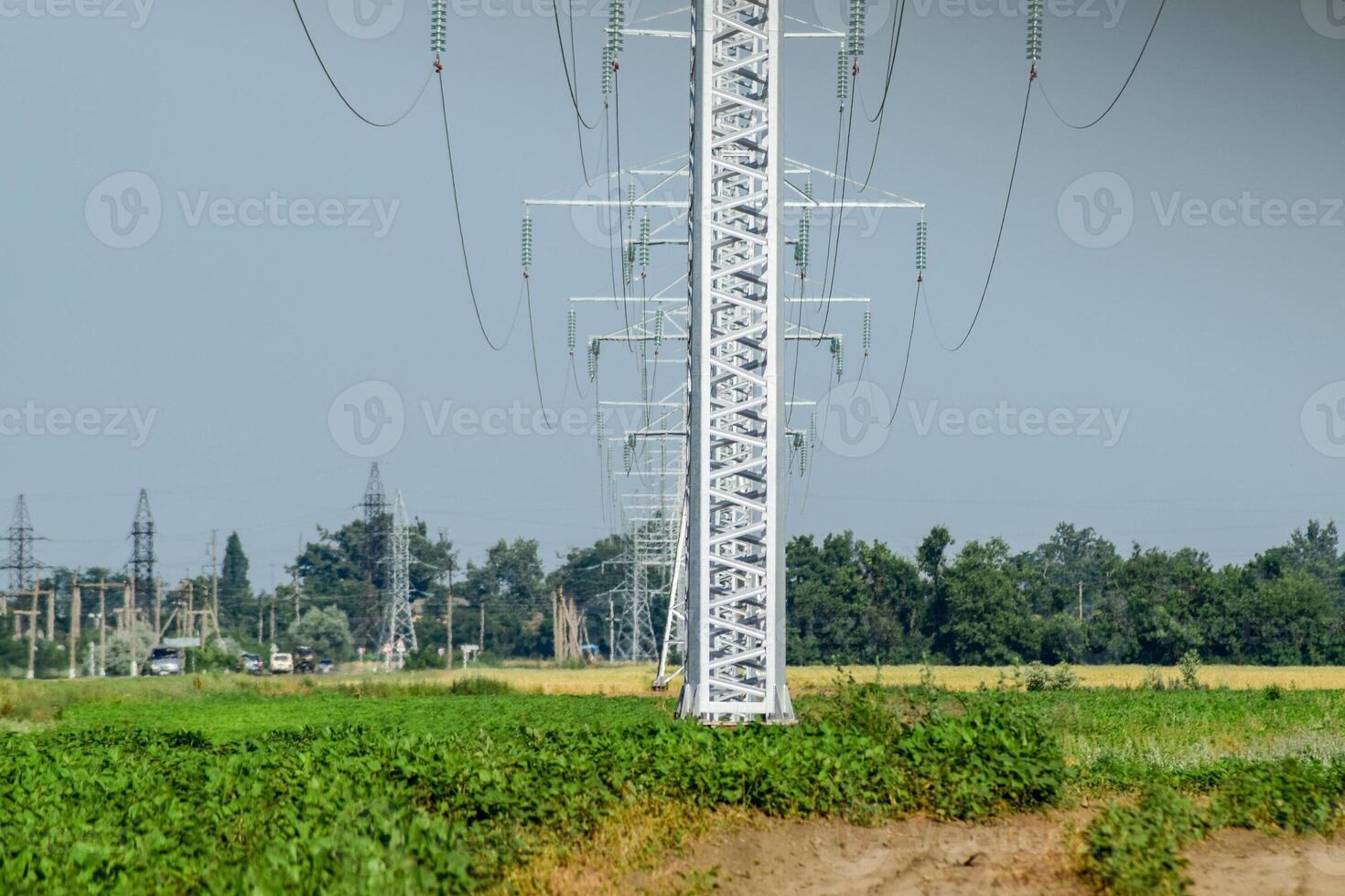 Transmission tower on a background field of soybeans photo