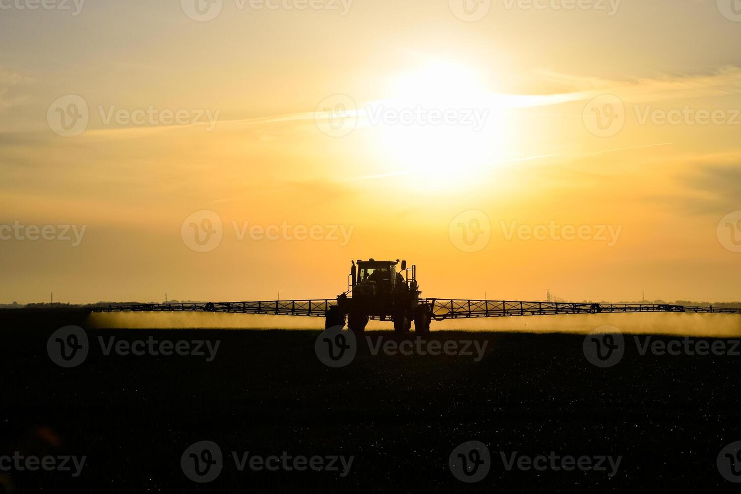 tractor with the help of a sprayer sprays liquid fertilizers on young wheat in the field. photo