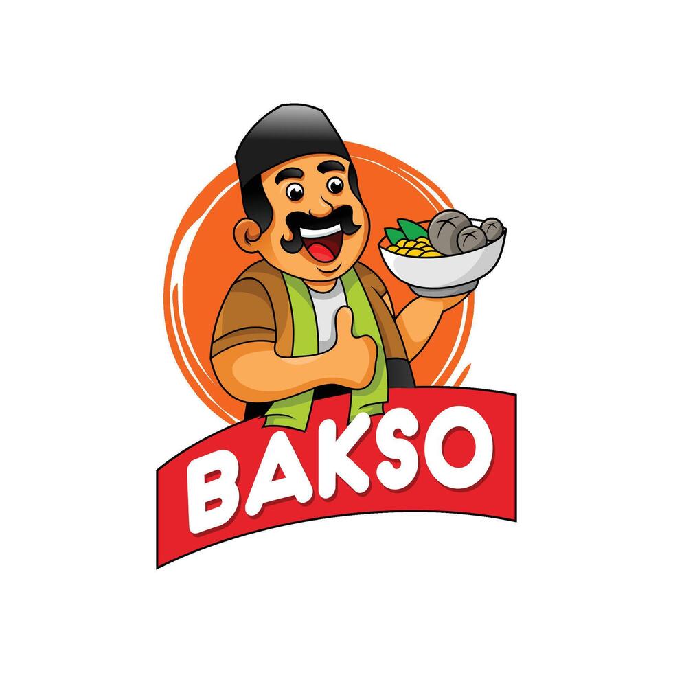 albóndiga y fideos bakso indonesio comida con mascota cocinero logo vector