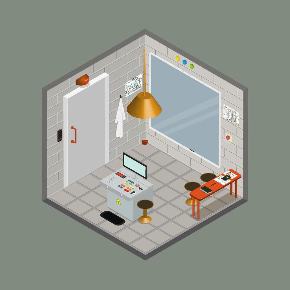 room of a scientific research testing laboratory with a control panel in an isometric view vector