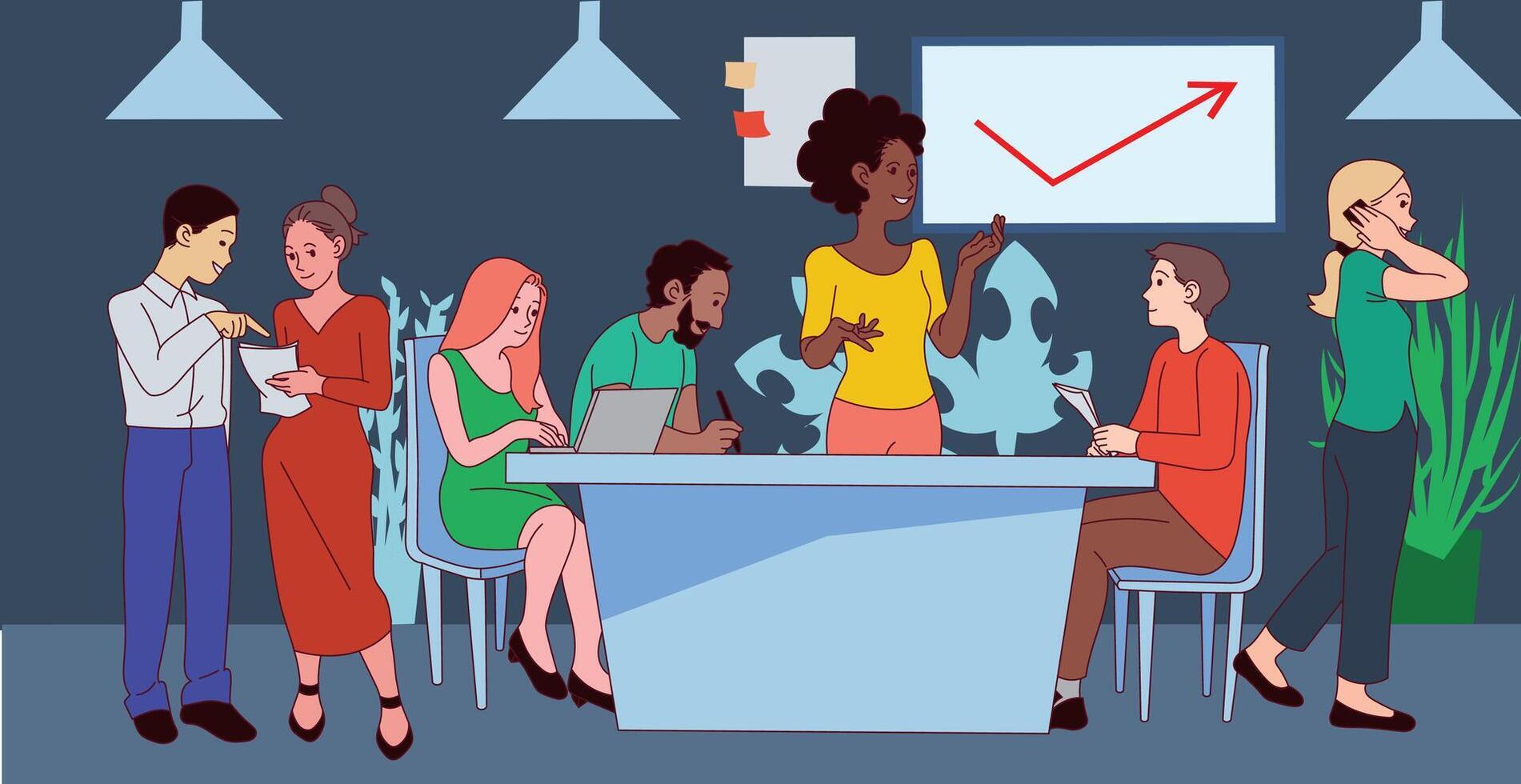 Business team meeting, discussion of working moments - Vector illustration