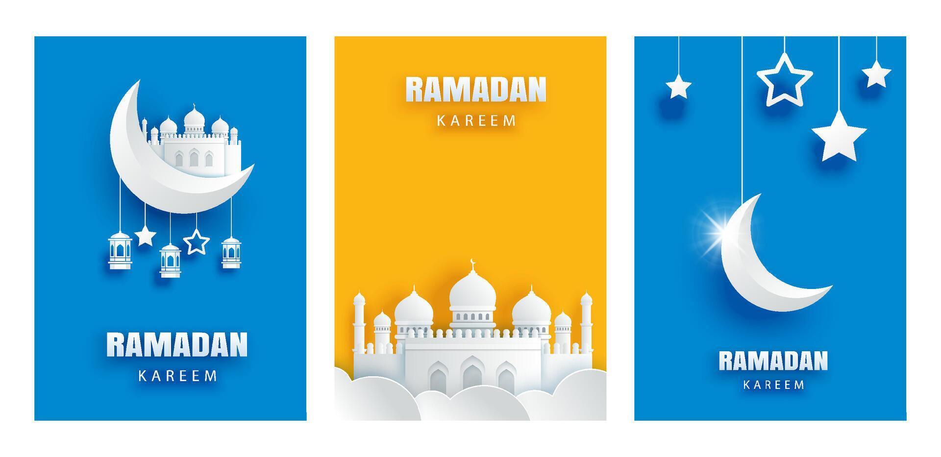 Ramadan kareem greeting card background. Eid mubarak paper art banner illustration design. vector