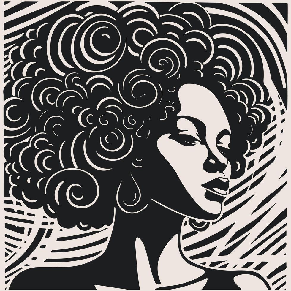 Abstract art vector outline illustration of african woman face. Black and white coloring page of girl face portrait. Modern print, poster image.