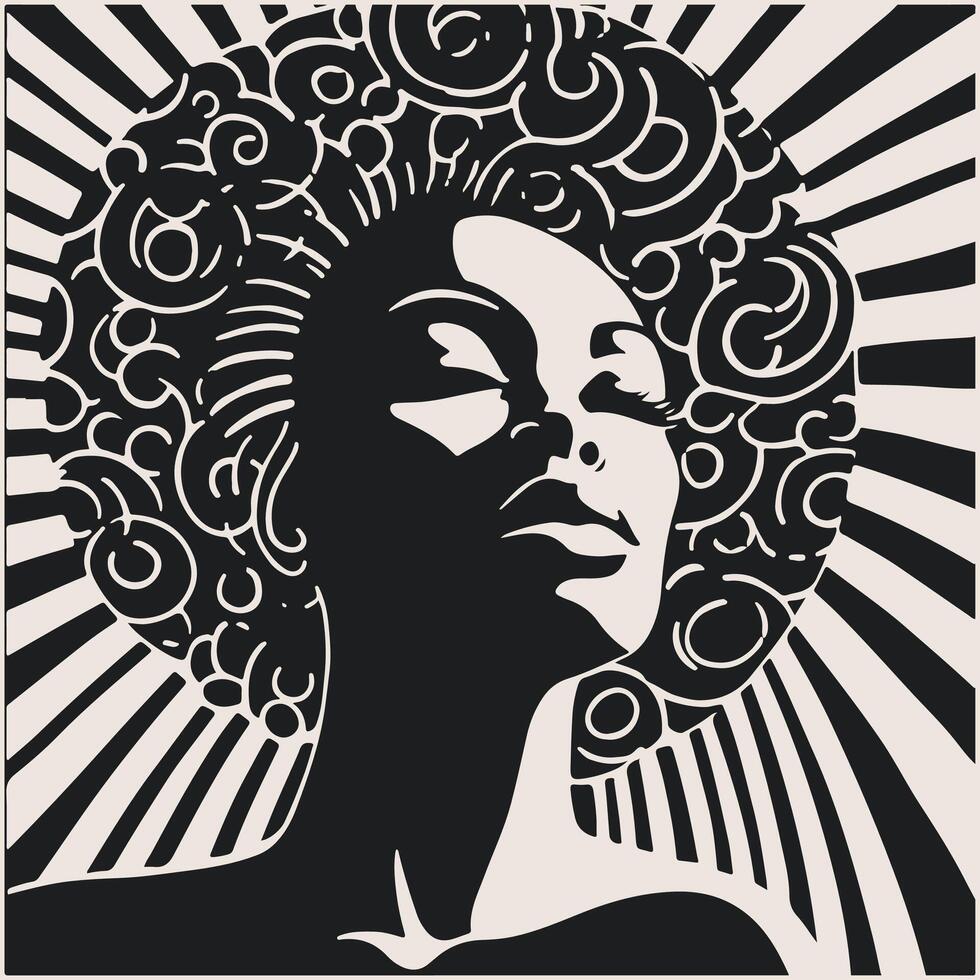 Abstract art vector outline illustration of african woman face. Black and white coloring page of girl face portrait. Modern print, poster image.