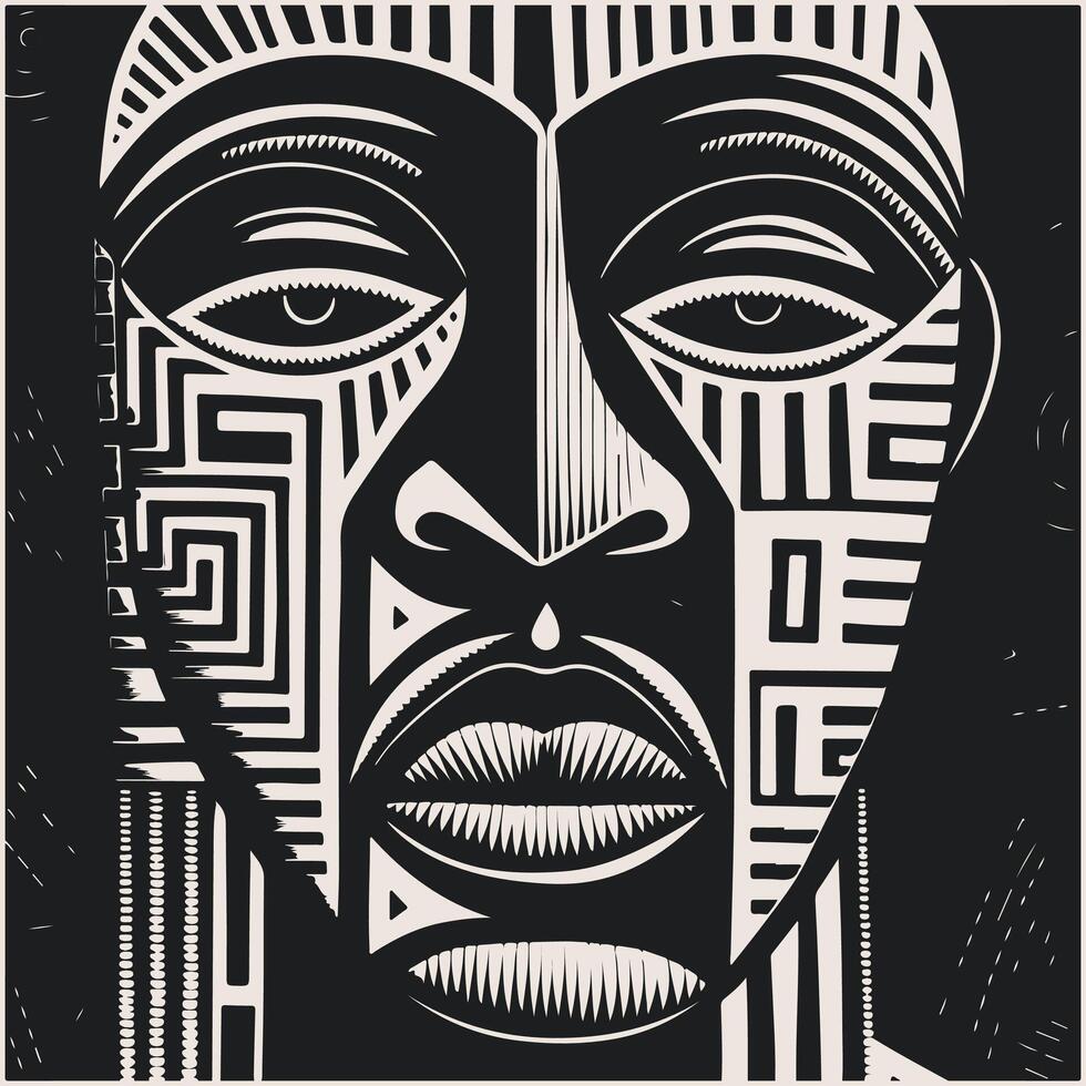 Abstract art vector outline illustration of african man face. Black and white coloring page of human face portrait. Modern print, poster image.