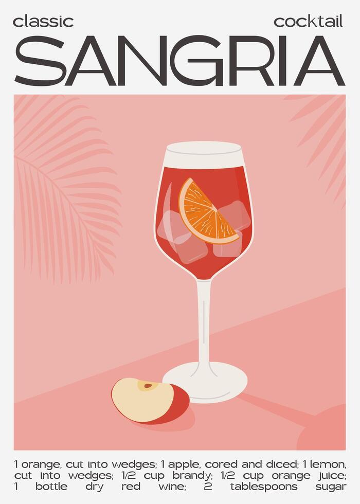 Classic Sangria cocktail with slice of orange and apple. Traditional Spanish drink with fruits and berries. Summer aperitif retro minimal poster. Wall art print with alcoholic beverage. Vector .