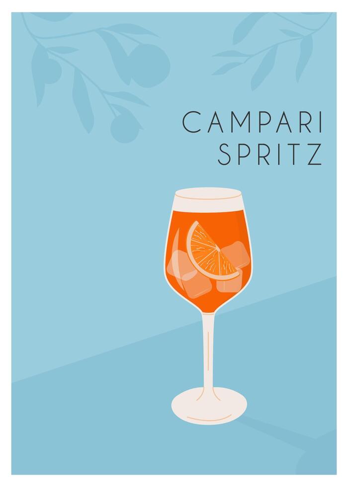 Campari Spritz Cocktail in glass with ice and slice of orange. Summer Italian aperitif retro poster. Wall art with alcoholic beverage decorated with orange wedges and citrus tree on background. Vector