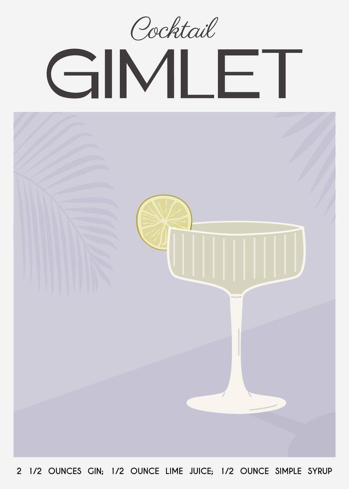 Gimlet Classic Cocktail garnish with lime slice. Classic alcoholic beverage recipe wall art print. Summer aperitif poster in muted color. Minimalist alcoholic drink placard. Vector flat illustration.