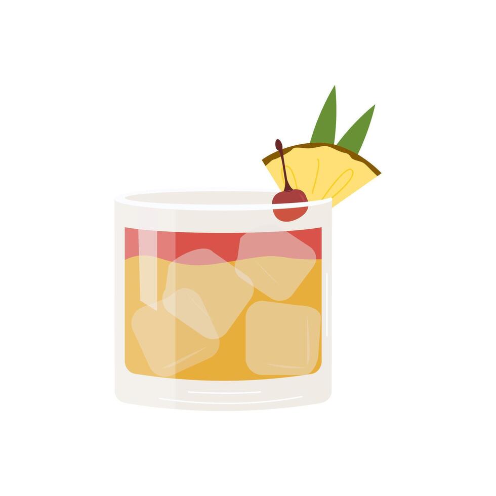 Mai Tai Cocktail garnish with pineapple slice and cherry. Classic alcoholic beverage. Summer aperitif. Alcoholic drink. Vector illustration isolated on white background.