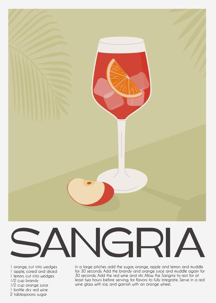 Classic Sangria cocktail with slice of orange and apple. Traditional Spanish drink with fruits and berries. Summer aperitif retro minimal poster. Wall art print with alcoholic beverage. Vector .