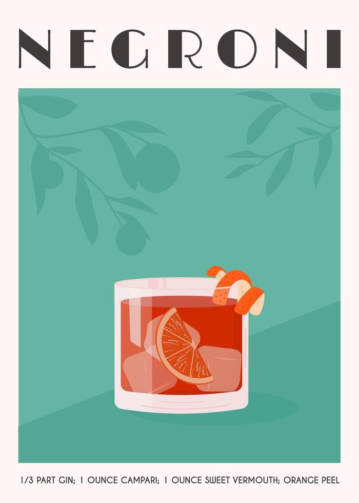 Negroni Cocktail in old fashioned glass with ice. i Alcoholic Beverage with orange peel and citrus slice on background with shadow of orange fruit tree. Summer Italian aperitif. Vector. vector