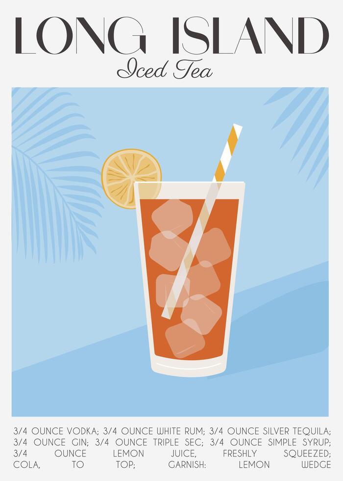 Long Island Iced Tea Cocktail in glass garnished with lime slice. Classic alcoholic beverage recipe. Popular summer aperitif poster. Minimalist trendy print with alcoholic drink. Vector illustration.