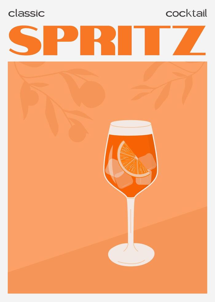 Aperol Spritz Cocktail in glass with ice and slice of orange. Summer Italian aperitif retro poster. Wall art with alcoholic beverage decorated with orange wedges and citrus tree on background. Vector. vector