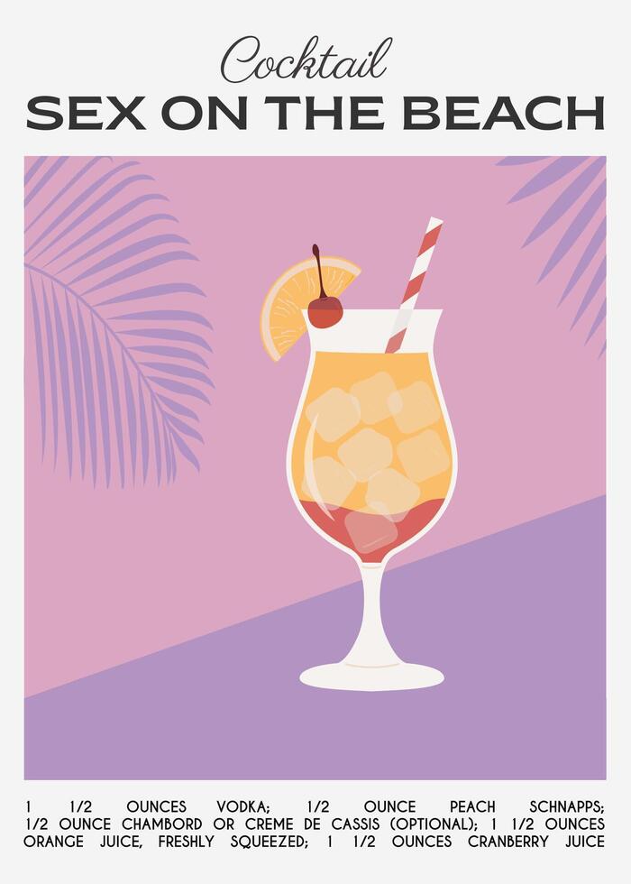 sexo en el playa tropical cóctel adornado con naranja y cereza. clásico alcohólico bebida receta pared Arte impresión. verano aperitivo póster. minimalista alcohólico bebida cartel. vector ilustración.