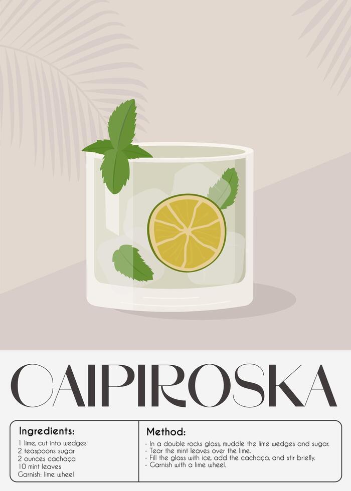 Cocktail garnished with slice of lime and mint. Classic alcoholic beverage recipe. Summer aperitif poster. Minimalist trendy print with alcoholic drink and palm shadow. Vector illustration.