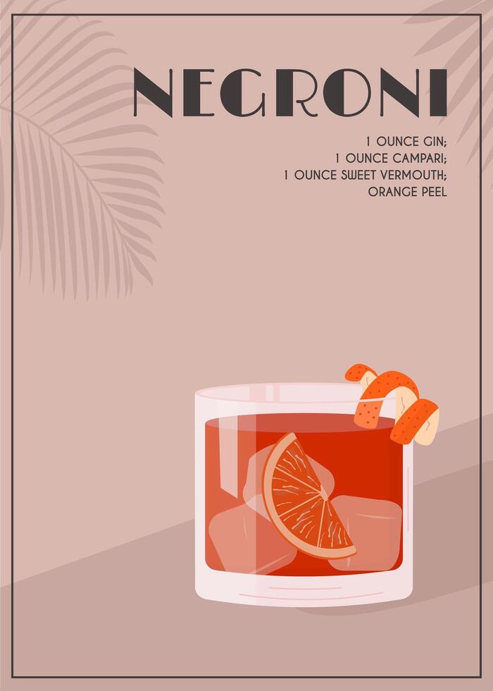 Negroni Cocktail in old fashioned glass with ice. Aperol Campari Alcoholic Beverage with orange peel and citrus slice on background with shadow of orange fruit tree. Summer Italian aperitif. Vector. vector